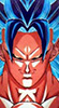 A close up of Son Goku with long, highly contrasted blue hair and black eyes.