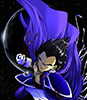 Vegeta, now a King, flying through space in a navy/lavender armour and cloak.